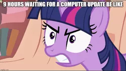 Size: 879x499 | Tagged: safe, derpibooru import, edit, edited screencap, editor:twi clown, screencap, twilight sparkle, pony, unicorn, the return of harmony, angry, caption, female, golden oaks library, image, image macro, jpeg, library, mare, shrunken pupils, solo, text