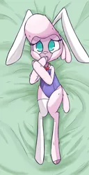 Size: 3000x5850 | Tagged: suggestive, artist:hitsuji, derpibooru import, pom lamb, sheep, them's fightin' herds, bedsheets, body pillow, bowtie, bunny ears, bunny suit, clothes, cloven hooves, community related, cosplay, costume, erina (rabi-ribi), image, lying down, on back, png, rabi-ribi, socks, solo, thigh highs