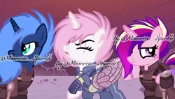 Size: 1080x615 | Tagged: safe, artist:moonrise-sparkle-293, derpibooru import, edit, edited screencap, screencap, princess cadance, princess celestia, princess luna, alicorn, pony, alternate timeline, amputee, artificial wings, augmented, crystal war timeline, eye scar, eyelashes, eyes closed, female, horn, image, jpeg, mare, outdoors, pink-mane celestia, prosthetic limb, prosthetic wing, prosthetics, raised hoof, s1 luna, scar, torn ear, watermark, wings, worried