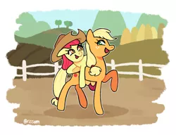 Size: 1280x982 | Tagged: safe, artist:risswm, derpibooru import, apple bloom, applejack, earth pony, pony, accessory swap, adorabloom, apple bloom riding applejack, cowboy hat, cute, duo, female, filly, hat, image, jackabetes, mare, open mouth, playing, png, ponies riding ponies, riding, sibling bonding, siblings, sisters, smiling