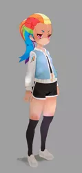 Size: 2138x4500 | Tagged: safe, artist:sorasku, derpibooru import, rainbow dash, human, anime style, anti-heroine, black socks, clothes, dolphin shorts, female, front view, gray background, grumpy, high socks, human coloration, humanized, image, jacket, jpeg, knee high socks, long hair, looking at you, metahuman, multicolored hair, pink eyes, rainbow hair, serious, shoes, shorts, side slit, simple background, sneakers, socks, solo, solo female, standing, tomboy, tsunderainbow, tsundere, two toned bottomwear (black & white), two toned clothes, two toned topwear (blue & white), unamused, white footwear