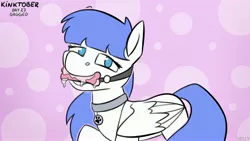 Size: 3840x2160 | Tagged: suggestive, artist:jellysiek, derpibooru import, oc, oc:snow pup, unofficial characters only, pegasus, pony, bone, collar, drool, gag, image, jpeg, lifted leg, looking at you, pet tag, simple background