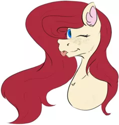 Size: 453x478 | Tagged: safe, artist:chazmazda, derpibooru import, oc, pony, blue eyes, bust, commission, commissions open, fluffy, freckles, friend, image, long hair, one eye closed, photo, png, portrait, present, red hair, simple background, sketch, solo, tongue out, white background, wink