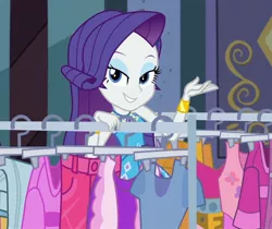 Size: 1476x1242 | Tagged: safe, derpibooru import, screencap, rarity, equestria girls, equestria girls series, street chic, spoiler:eqg series (season 2), bracelet, clothes, clothes rack, cropped, cute, eyeshadow, female, geode of shielding, image, jewelry, jpeg, lidded eyes, looking at you, magical geodes, makeup, rarity peplum dress, smiling, smiling at you, window