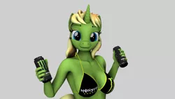 Size: 1920x1080 | Tagged: suggestive, artist:arcanetesla, derpibooru import, oc, oc:mysti tesla, unofficial characters only, anthro, unicorn, 3d, bikini, bikini top, breasts, busty mysti tesla, clothes, female, heart attack, image, monster energy, png, sfm pony, simple background, smiling, solo, solo female, source filmmaker, swimsuit