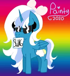 Size: 1097x1200 | Tagged: safe, artist:curvypaintbrushchild, derpibooru import, oc, oc:fleurbelle, unofficial characters only, alicorn, pony, alicorn oc, bow, cute, female, gradient background, hair bow, horn, image, jpeg, mare, mouth hold, rainbow background, sign, solo, sunglasses, swag, wings