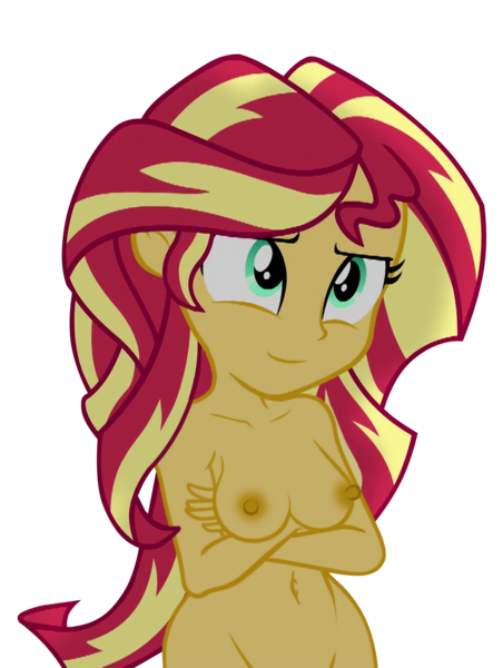 Size: 1959x2600 | Tagged: questionable, artist:dirty mike, artist:laszlvfx, derpibooru import, edit, edited edit, sunset shimmer, equestria girls, equestria girls series, legend of everfree, areola, beautiful, beautisexy, belly button, breasts, busty sunset shimmer, crossed arms, cutout, erect nipples, female, happy, image, multicolored hair, nipples, nudity, png, sexy, simple background, smiling, solo, solo female, transparent background, yellow skin