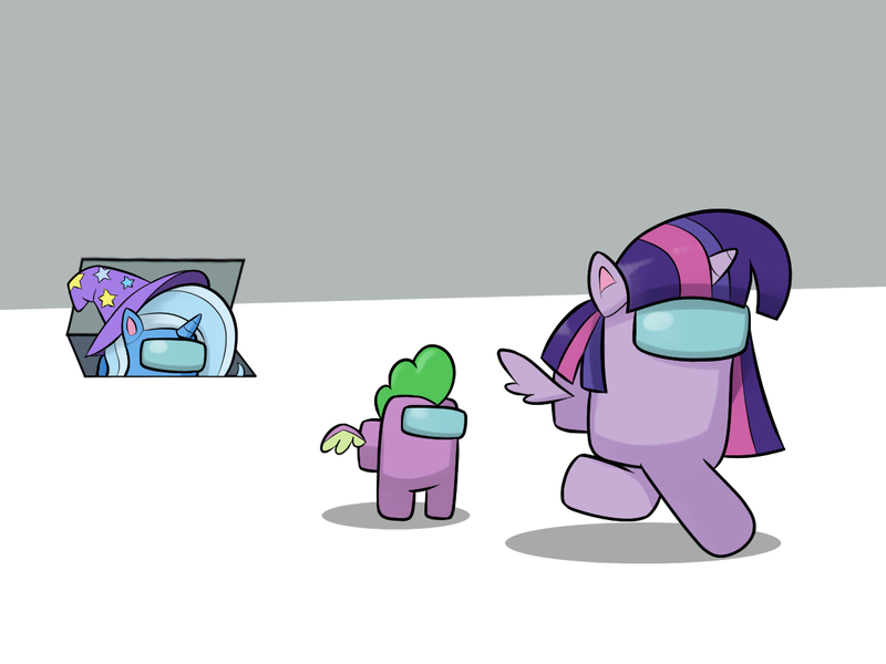 Size: 1200x900 | Tagged: safe, artist:mew-me, derpibooru import, spike, trixie, twilight sparkle, twilight sparkle (alicorn), alicorn, dragon, unicorn, among us, clothes, hat, image, imminent murder, impostor, inconvenient trixie, jpeg, trixie's hat, vent, winged spike