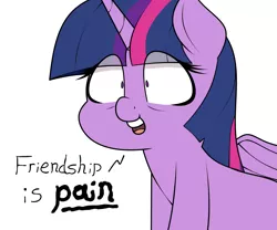 Size: 2241x1865 | Tagged: safe, artist:blitzyflair, derpibooru import, twilight sparkle, twilight sparkle (alicorn), alicorn, pony, female, image, jpeg, kill me, mare, open mouth, shrunken pupils, simple background, smiling, solo, subversive kawaii, text, white background