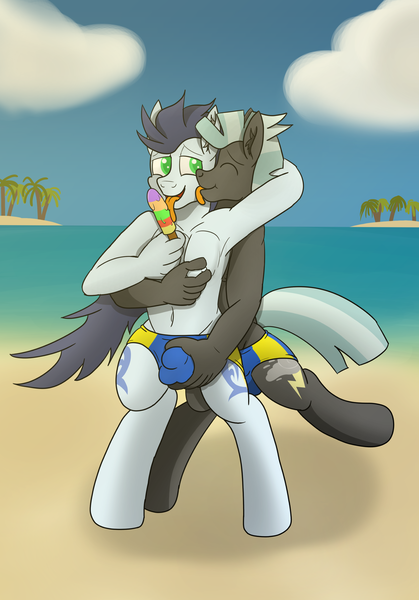 Size: 2549x3652 | Tagged: questionable, artist:tacomytaco, derpibooru import, soarin', thunderlane, anthro, pegasus, unguligrade anthro, bare chest, beach, belly button, both cutie marks, clothes, crotch bulge, eyes closed, fondling, food, gay, grope, hand, hug, icy pole, image, licking, licking cheeks, male, male nipple pinch, male nipples, males only, nudity, partial nudity, png, popsicle, shipping, soarilane, speedo, swimsuit, tongue out, topless