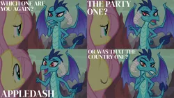 Size: 1986x1117 | Tagged: safe, derpibooru import, edit, edited screencap, editor:quoterific, screencap, fluttershy, princess ember, dragon, pegasus, pony, sweet and smoky, caption, dragoness, duo, duo female, eyes closed, female, image, implied appledash, implied lesbian, implied shipping, open mouth, png, text
