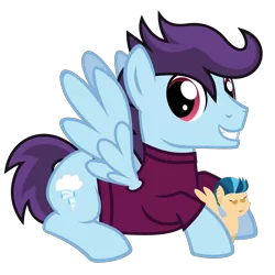 Size: 2000x2000 | Tagged: safe, artist:the smiling pony, derpibooru import, indigo zap, oc, oc:microburst, ponified, unofficial characters only, pegasus, pony, derpibooru community collaboration, .svg available, 2021 community collab, clothes, equestria girls ponified, grin, holding, image, looking at you, male, plushie, png, pointy ponies, shirt, simple background, smiling, solo, spread wings, stallion, transparent background, vector, wings
