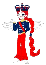 Size: 426x597 | Tagged: safe, artist:loomytyranny, derpibooru import, oc, alicorn, hybrid, equestria girls, 1000 hours in ms paint, barefoot, briston empire, britain, crown, feet, image, jewelry, monarchy, png, ponytail, regalia, tyrant, wings