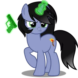 Size: 7491x7533 | Tagged: safe, artist:isaac_pony, derpibooru import, oc, oc:shainer shrapnel shock, pony, unicorn, angry, black mane, cute, cutie mark, doom equestria, female, glock, glowing horn, green eyes, green magic, gun, handgun, horn, image, magic, pistol, png, pouting, show accurate, simple background, solo, telekinesis, transparent background, unicorn oc, vector, weapon