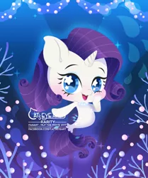 Size: 1563x1866 | Tagged: safe, artist:catseyeart, derpibooru import, rarity, pony, seapony (g4), unicorn, 2017, blue eyes, blushing, bubble, chibi, coral, cute, dorsal fin, female, fish tail, flowing mane, flowing tail, horn, image, jewelry, jpeg, logo, looking at you, necklace, ocean, open mouth, raribetes, seaponified, seapony rarity, smiling, solo, sparkles, species swap, starry eyes, tail, underwater, water, wingding eyes