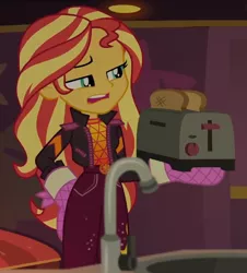 Size: 534x592 | Tagged: safe, derpibooru import, screencap, sunset shimmer, equestria girls, equestria girls series, sunset's backstage pass!, spoiler:eqg series (season 2), bread, clothes, cropped, food, image, png, solo, toast, toaster