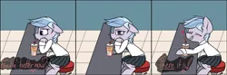Size: 2280x759 | Tagged: safe, artist:pinkberry, derpibooru import, oc, oc:winter azure, unofficial characters only, earth pony, pony, barstool, braces, burger, clothes, colt, crossdressing, drinking, drinking straw, femboy, food, freckles, girly, hay burger, heart, image, male, milkshake, offscreen character, png, restaurant, school uniform, skirt, smiling, speech, talking, teary eyes, text, trap