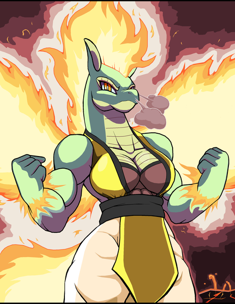 Size: 1928x2500 | Tagged: safe, artist:droll3, derpibooru import, tianhuo, anthro, dragon, hybrid, longma, them's fightin' herds, breasts, busty tianhuo, cleavage, clothes, community related, female, fire, high res, image, muscles, muscular female, pants, png, solo