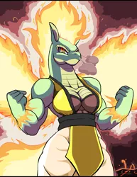 Size: 1928x2500 | Tagged: safe, artist:droll3, derpibooru import, tianhuo, anthro, dragon, hybrid, longma, them's fightin' herds, breasts, busty tianhuo, cleavage, clothes, community related, female, fire, high res, image, muscles, muscular female, pants, png, solo