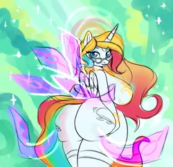 Size: 2275x2198 | Tagged: suggestive, artist:thomasray000, derpibooru import, oc, oc:bonniecorn, unofficial characters only, alicorn, anthro, deity, 2 handfuls of dat ass, accessories, anthro oc, ass, beautiful, bioluminescent, breast accessories, breasts, busty bonniecorn, butt, celestial mane, colorful, creator, damn sexy pose, ethereal mane, gilf, glasses, goddess, halo, horn, image, looking at you, looking back, nipples, nudity, png, presenting, sexy, sideboob, the ass was fat, wings, wip