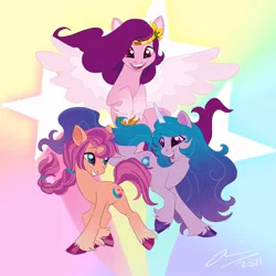 Size: 680x680 | Tagged: safe, artist:creeate97, derpibooru import, izzy moonbow, pipp petals, sunny starscout, earth pony, pegasus, pony, unicorn, colored hooves, female, flying, g5, image, jpeg, mare, trio, unshorn fetlocks