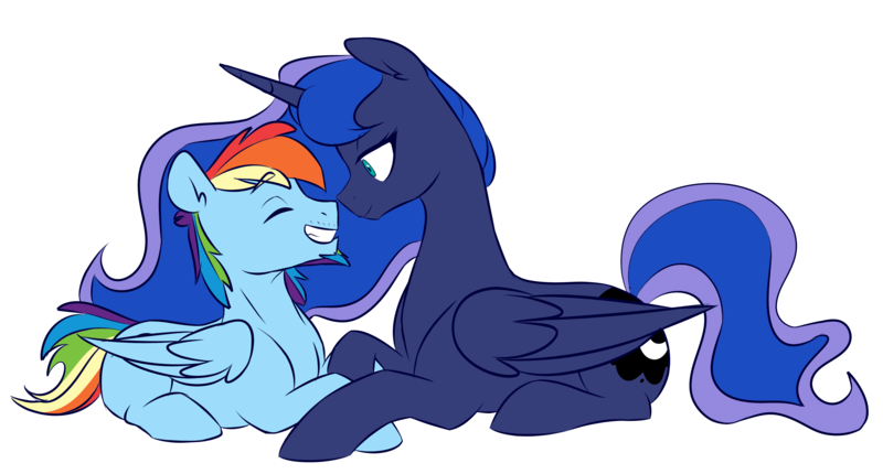 Size: 5526x2970 | Tagged: safe, artist:chub-wub, derpibooru import, princess luna, rainbow dash, alicorn, pegasus, pony, alternate hairstyle, beard, boop, facial hair, female, half r63 shipping, image, lesbian, lunablitz, lunadash, male, mare, noseboop, nuzzling, png, rainbow blitz, rule 63, shipping, simple background, stallion, straight, trans male, transgender, transparent background