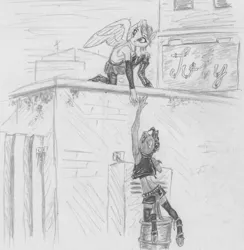 Size: 2389x2447 | Tagged: safe, artist:joestick, derpibooru import, oc, unofficial characters only, anthro, earth pony, pegasus, unguligrade anthro, barrel, building, city, earth pony oc, fence, image, jpeg, monochrome, pegasus oc, traditional art, urban, wings