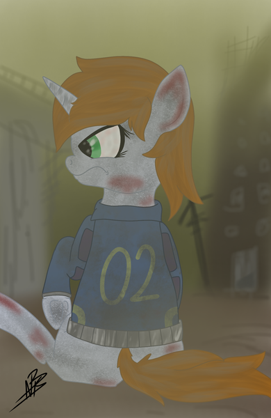 Size: 1200x1848 | Tagged: semi-grimdark, artist:shappy the lamia, derpibooru import, oc, oc:littlepip, pony, unicorn, fallout equestria, fallout equestria: project horizons, angry, blood, bridge, brown mane, building, clothes, destruction, dirty, fallout, fallout: new vegas, fan made, fanart, fanfic art, gray, green eyes, hooves, horn, image, number, number two, numbers, pippy, png, post-apocalyptic, side view, sitting, solo, stable-tec, vault suit, war, wilderness