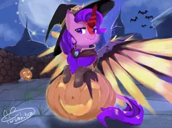 Size: 2110x1582 | Tagged: safe, artist:twiwhite, derpibooru import, oc, oc:molly jasmine, unofficial characters only, bat, kirin, halloween, hat, holiday, image, jack-o-lantern, jpeg, mercy, nightmare night, overwatch, pumpkin, solo, witch hat