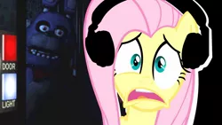 Size: 1366x768 | Tagged: safe, artist:vannamelon, derpibooru import, fluttershy, pegasus, pony, five nights at freddy's, headphones, image, jpeg, reaction, reaction image