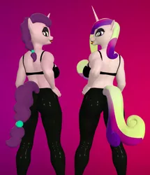 Size: 3296x3840 | Tagged: suggestive, artist:kevhon, derpibooru import, princess cadance, sugar belle, anthro, 3d, bra, breasts, busty princess cadance, busty sugar belle, butt, clothes, duo, duo female, eyeshadow, female, females only, image, latex, latex bra, latex pants, lipstick, looking at you, looking back, looking back at you, lovebutt, makeup, nail polish, png, reasonably sized breasts, sexy, sideboob, source filmmaker, sugar butt, underwear