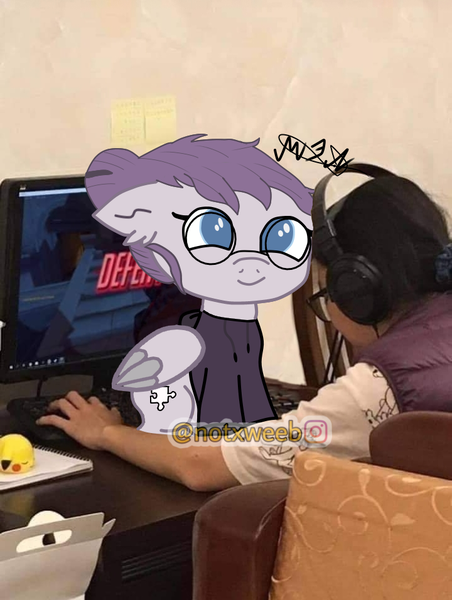 Size: 720x956 | Tagged: safe, artist:djmatinext, derpibooru import, edit, editor:notxweeb, oc, oc:vylet, unofficial characters only, human, pegasus, pony, base used, clothes, cutie mark, drawn on phone, ear fluff, glasses, headphones, hoodie, image, meme, png, puzzle, sitting, solo, vylet pony, watermark, wings