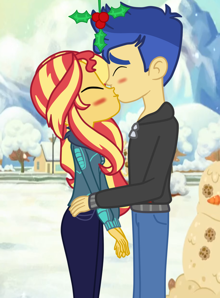 Size: 1483x2008 | Tagged: safe, alternate version, artist:gmaplay, derpibooru import, flash sentry, sunset shimmer, equestria girls, christmas, clothes, female, flashimmer, holiday, holly, holly mistaken for mistletoe, image, kissing, male, png, shipping, straight, winter, winter outfit