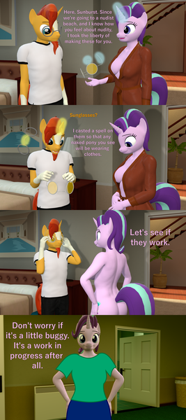 Size: 1920x4320 | Tagged: questionable, alternate version, artist:papadragon69, derpibooru import, starlight glimmer, sunburst, anthro, 2d, breasts, busty starlight glimmer, butt, clothed male nude female, clothes, comic, glasses, glimmer glutes, image, nudity, png, robe, undressing