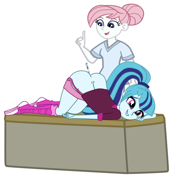 Size: 2952x2952 | Tagged: suggestive, artist:gmaplay, derpibooru import, part of a set, nurse redheart, sonata dusk, equestria girls, rainbow rocks, anal insertion, ass, ass up, butt, clothes, cute, dimples of venus, female, females only, image, insertion, nurse, nurse outfit, png, rectal thermometer, scrubs (gear), simple background, sonata donk, sonatabetes, transparent background
