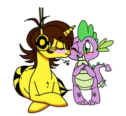 Size: 648x600 | Tagged: safe, artist:ameliacostanza, derpibooru import, spike, ponified, dragon, insect, original species, pony, wasp, wasp pony, crossover, crossover shipping, duo, female, headphones, image, janet van dyne, jpeg, male, marvel, marvel comics, remake, shipping, simple background, straight, wasp (marvel), white background