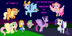 Size: 4000x2000 | Tagged: safe, artist:04startycornonline88, derpibooru import, applejack, fluttershy, pinkie pie, rainbow dash, rarity, spike, twilight sparkle, twilight sparkle (alicorn), alicorn, dragon, pony, alice in wonderland, clothes, cosplay, costume, crossover, fiona munson, flying, friendship, hill, image, jpeg, kid vs kat, mane six alicorns, winged spike, wings