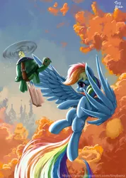 Size: 769x1080 | Tagged: safe, artist:tinybenz, derpibooru import, rainbow dash, tank, pegasus, pony, tortoise, backwards cutie mark, book, canterlot, female, flying, goggles, image, jpeg, male, mare, propeller, sky, spread wings, tree, wings