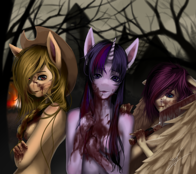 Size: 2500x2222 | Tagged: semi-grimdark, suggestive, artist:thatdreamerarts, derpibooru import, applejack, fluttershy, twilight sparkle, anthro, earth pony, pegasus, unicorn, blood, blood stains, braid, cleaver, cowboy hat, dead tree, female, floppy ears, godiva hair, hair over one eye, hat, head tilt, image, looking at you, outdoors, png, strategically covered, tree, trio, trio female, village, winged anthro, wings
