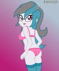 Size: 7382x8856 | Tagged: suggestive, artist:alandssparkle, derpibooru import, oc, oc:silver dawn, equestria girls, ass, bra, breasts, butt, clothes, derpibooru exclusive, female, frilly underwear, glasses, gradient background, hairpin, image, lingerie, looking at you, looking back, looking back at you, looking over shoulder, panties, pink underwear, png, sideboob, signature, simple background, socks, solo, solo female, stockings, thigh highs, underwear