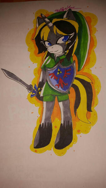 Size: 747x1328 | Tagged: safe, artist:juliet-gwolf18, derpibooru import, oc, unofficial characters only, anthro, unguligrade anthro, unicorn, clothes, cosplay, costume, female, hat, hoof shoes, horn, image, jpeg, link, shield, solo, sword, the legend of zelda, traditional art, unicorn oc, weapon