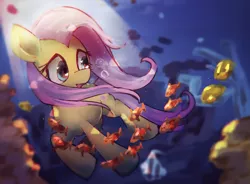 Size: 1900x1400 | Tagged: safe, artist:lexiedraw, derpibooru import, fluttershy, fish, pegasus, pony, female, image, mare, png, solo, sunlight, swimming, underwater, watershy