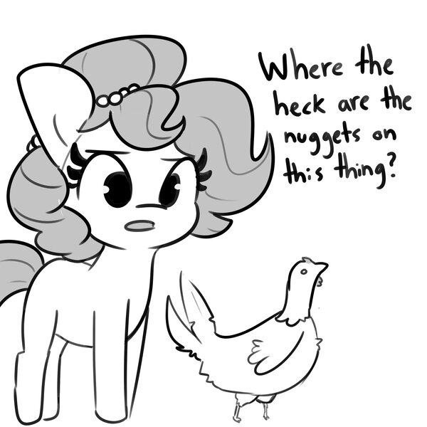 Size: 4096x4096 | Tagged: safe, artist:tjpones, derpibooru import, oc, oc:brownie bun, unofficial characters only, bird, chicken, earth pony, pony, black and white, female, grayscale, high res, image, implied ponies eating meat, jpeg, mare, monochrome, simple background, solo, white background