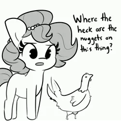 Size: 4096x4096 | Tagged: safe, artist:tjpones, derpibooru import, oc, oc:brownie bun, unofficial characters only, bird, chicken, earth pony, pony, black and white, female, grayscale, high res, image, implied ponies eating meat, jpeg, mare, monochrome, simple background, solo, white background