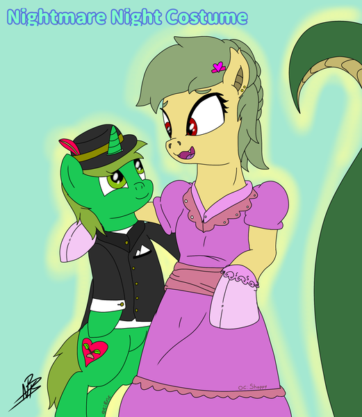 Size: 2547x2932 | Tagged: safe, artist:shappy the lamia, derpibooru import, oc, oc:shappy, earth pony, hybrid, lamia, original species, pony, semi-anthro, unicorn, black suit, brooch, carrying, clothes, commission, costume, dress, dress suit, elegant, eye contact, fangs, feather, fellowship is magic, gloves, green eyes, hairstyle, halloween, halloween costume, happy, hat, heart, holiday, hug, image, long tail, looking at each other, nightmare night, nightmare night costume, pigtails, pink dress, png, prince, princess, red eyes, shiny, slit eyes, smiling, snake eyes, snake tail, socks, spooky, suit