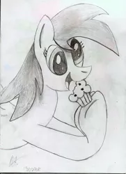 Size: 870x1200 | Tagged: safe, artist:almaustral, derpibooru import, derpy hooves, pegasus, pony, bust, eyelashes, female, food, grayscale, hoof hold, image, jpeg, mare, monochrome, muffin, open mouth, smiling, solo, traditional art