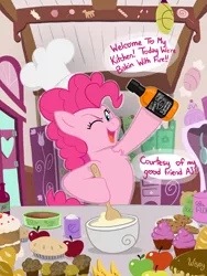 Size: 3024x4032 | Tagged: safe, artist:wispy tuft, derpibooru import, pinkie pie, earth pony, pony, alcohol, applejack daniel's, bakery, baking, classic, cooking, cupcake, epic cupcake time, female, food, image, kitchen, liquor, mare, png, solo, this will end in fire, whiskey