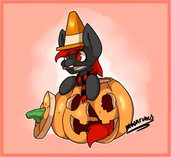 Size: 2518x2318 | Tagged: safe, artist:moonrunes, derpibooru import, oc, oc:ryanthecone, unofficial characters only, earth pony, gift art, halloween, halloween (movie), holiday, image, knife, png, pumpkin, traffic cone