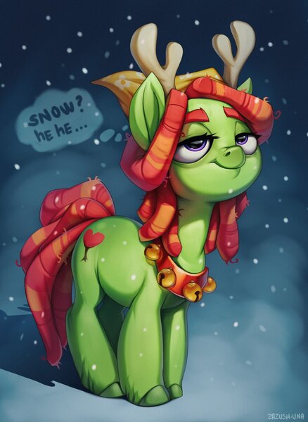 Size: 935x1280 | Tagged: safe, artist:zazush-una, derpibooru import, tree hugger, earth pony, pony, antlers, bell, bell collar, collar, dreadlocks, female, image, jingle bells, jpeg, lidded eyes, mare, reindeer antlers, snow, solo