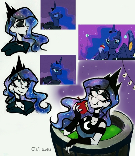 Size: 1747x2015 | Tagged: safe, artist:citi, derpibooru import, screencap, princess luna, alicorn, human, luna eclipsed, apple, eyeshadow, food, goth, humanized, image, jpeg, makeup, scene interpretation, screencap reference, starry hair